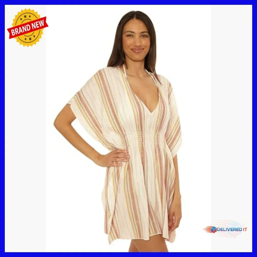 Long Sleeve Flutter Tunic Coverup with V-Neck and Metallic Stripes